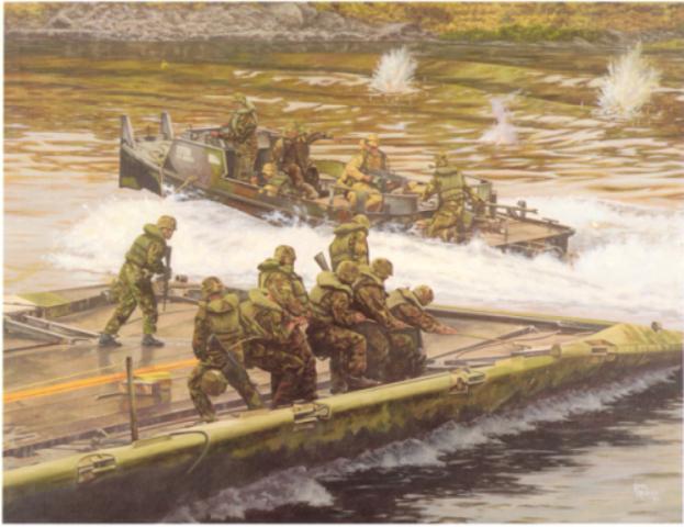 The 459th Engineer Company lays a bridge under fire in April 2003, in this official Army Reserve painting by Rick Reeves.