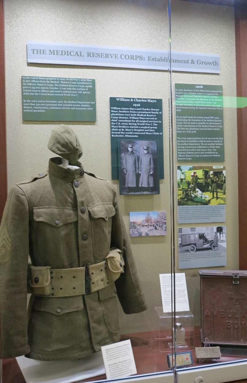 This exhibit display is located at the U.S. Army Reserve Command and focuses on the establishment of Medical Reserve Corps, which was the precursor to the Army Reserve.  