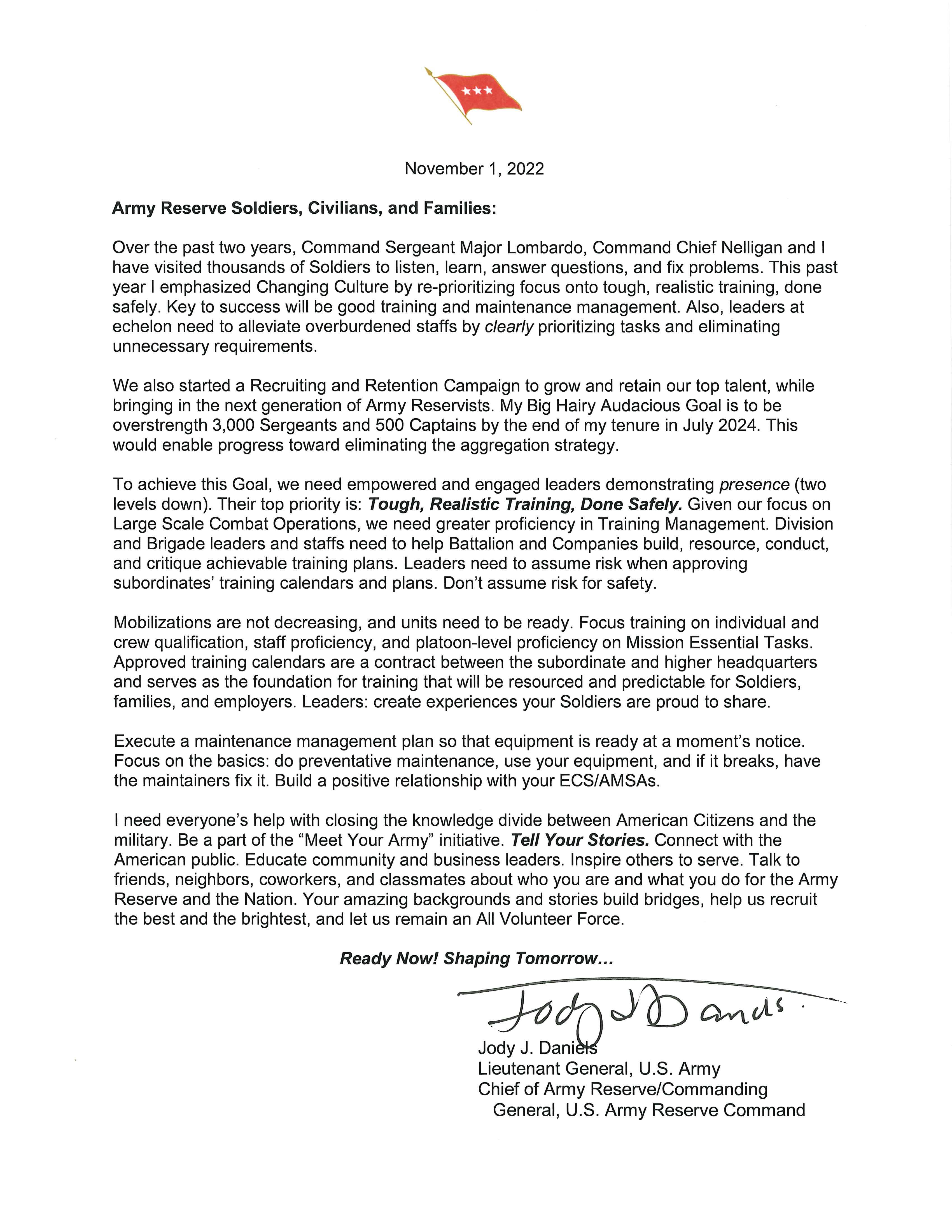 LTG Daniels One Year Message 02 AUG 2021