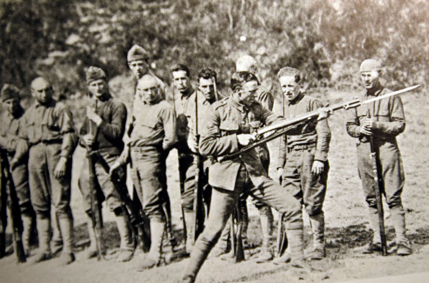 Members of the 80th Infantry Division receive bayonet training from a British non-commissioned officer at Boque Maison, France, April1918. The 80th Division today is an Army Reserve Training Division headquartered in Richmond, Va.